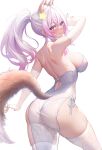  1girl animal_ears ass back backless_dress backless_outfit bare_shoulders blush breasts closed_mouth commentary_request dress elbow_gloves fingerless_gloves from_behind gloves hair_ornament hand_up highres indie_virtual_youtuber large_breasts long_hair looking_at_viewer looking_back panties ponytail purple_eyes purple_hair see-through side-tie_panties sidelocks simple_background smile solo star_(symbol) star_hair_ornament studiopokotan thighs underwear virtual_youtuber white_background white_dress white_gloves white_panties 