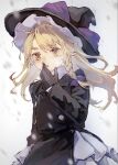  1girl black_dress blonde_hair bow braid buttons cowboy_shot dress frilled_skirt frills grey_background grey_skirt hair_bow hand_up hat hat_bow highres kirisame_marisa long_hair long_sleeves looking_at_viewer no_pupils parted_lips purple_bow side_braid single_braid sketch skirt solo tarutsu touhou upper_body witch_hat yellow_eyes 