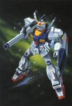  1980s_(style) battle bazooka_(gundam) gundam gundam_mk_ii hasegawa_masayuki machinery mecha milky_way nebula no_humans official_art painting_(medium) realistic retro_artstyle robot scan science_fiction star_(sky) traditional_media v-fin zeta_gundam 