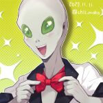  1boy bald bow bowtie chiimako colored_skin gnosia grey_skin happy looking_at_viewer open_mouth red_bow shigemichi short_sleeves simple_background smile solo sparkle_background 