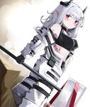  1girl absurdres arknights bare_shoulders black_gloves blurry blurry_foreground blush breasts closed_mouth commentary_request depth_of_field dutch_angle gloves grey_hair hair_ornament hammer hand_up highres holding holding_hammer horns jumpsuit long_hair medium_breasts mudrock_(arknights) off_shoulder open_jumpsuit pointy_ears red_eyes sledgehammer solo spam_(spamham4506) standing twisted_torso white_jumpsuit 