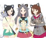  3girls 3others :3 alolan_meowth animal_ears black_hair brown_hair cardigan cat cat_day cat_ears cat_tail fangs fingernails galarian_meowth gloria_(pokemon) green_shorts grey_cardigan grey_hair highres holding holding_pokemon leaf_(pokemon) long_hair meowth miniskirt multiple_girls multiple_others ohn_pkmn on_shoulder one_eye_closed open_mouth paw_print paw_print_background pokemon pokemon_(creature) pokemon_frlg pokemon_on_shoulder pokemon_sm pokemon_swsh selene_(pokemon) sharp_fingernails shirt short_shorts shorts skirt tail tied_shirt 