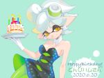  1girl bare_arms black_dress bow-shaped_hair breasts cleavage collarbone commission detached_collar dress earrings food food_on_head gloves green_pantyhose grey_hair happy_birthday highres hoop_earrings jewelry marie_(splatoon) mimimimiguchan mole mole_under_eye object_on_head pantyhose pointy_ears short_dress short_ponytail solo splatoon_(series) squid_girl strapless strapless_dress sushi swept_bangs tentacle_hair thick_eyebrows white_gloves yellow_eyes 