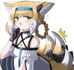  1girl 1other :o ^^^ absurdres animal_ear_fluff animal_ears arknights bare_shoulders black_gloves blonde_hair blue_hairband blush braid breasts commentary_request disembodied_limb doctor_(arknights) flying_sweatdrops fox_ears fox_girl fox_tail gloves green_eyes hair_rings hairband hand_up highres kitsune open_mouth shirt simple_background small_breasts solo_focus spam_(spamham4506) suzuran_(arknights) sweat tail tail_grab twin_braids white_background white_shirt 