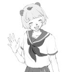  1girl :3 alternate_costume animal_ears animal_nose blunt_bangs blush closed_eyes collarbone cowboy_shot facing_to_the_side greyscale hand_up highres leaf leaf_on_head mizu&#039;24 mode_aim monochrome neckerchief open_mouth pleated_skirt ponpoko_(vtuber) raccoon_ears raccoon_girl school_uniform serafuku short_hair short_sleeves simple_background skirt smile solo virtual_youtuber waving 