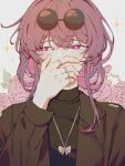  1girl black_jacket black_shirt butterfly_necklace covering_own_mouth eyewear_on_head flower-shaped_pupils hand_over_own_mouth highres honkai:_star_rail honkai_(series) jacket jewelry kafka_(honkai:_star_rail) multiple_rings purple_eyes purple_hair ring round_eyewear shirt solo soufflebune sunglasses symbol-shaped_pupils 