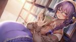  1girl :d amane_ruri blush book bow braid brown_headwear brown_shirt dutch_angle glasses hair_bow hair_ornament indoors library long_hair looking_at_viewer open_book original purple_bow purple_eyes purple_skirt shirt sitting skirt smile solo star_(symbol) star_hair_ornament virtual_youtuber 