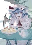  1girl absurdres aru_(pixiv_86071824) ascot bat_wings blue_hair cake cake_slice cup dress fangs fingernails food frilled_dress frilled_sleeves frills gem grey_eyes hair_between_eyes hand_rest hat hat_ribbon highres looking_at_viewer mob_cap open_hand open_mouth pale_skin plate pointy_ears red_ascot red_gemstone red_ribbon remilia_scarlet ribbon saucer short_hair short_sleeves sidelocks sitting solo steam strawberry_shortcake teacup teapot touhou vampire white_dress white_headwear wings 