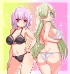 2girls aqua_eyes ass ass_visible_through_thighs back black_bra black_panties bob_cut bow bow_bra bow_panties bra breast_hold breasts closed_mouth commentary commission cougar_(cougar1404) crossover crotch_seam elizabeth_liones from_behind green_hair gridman_universe groin hair_over_one_eye hand_on_own_hip long_hair looking_at_viewer looking_back multiple_girls nanatsu_no_taizai navel panties pink_eyes purple_hair shinjou_akane short_hair side-by-side smile ssss.gridman standing underwear underwear_only very_long_hair 