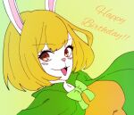  1girl animal_ears blonde_hair cape carrot_(one_piece) commentary_request detective_0414 dress green_cape green_hair highres looking_at_viewer neck_ribbon one_piece orange_dress rabbit_ears rabbit_girl ribbon short_hair solo 