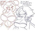 anthro avian big_breasts bird breasts clothed clothing crossgender dialogue duo english_text eyewear female glasses hair hi_res king_dedede kirby_(series) lewdchuu_(artist) meta_knight nintendo penguin sketch text