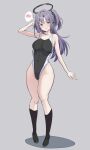  1girl absurdres alternate_costume bare_arms bare_shoulders black_footwear black_one-piece_swimsuit black_socks blue_archive blush breasts competition_swimsuit full_body grey_background halo highres large_breasts long_hair looking_at_viewer mechanical_halo metsu_end one-piece_swimsuit open_mouth purple_eyes purple_hair shoes simple_background socks solo spoken_blush swimsuit two_side_up yuuka_(blue_archive) 