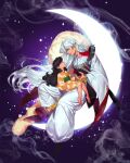  1boy 1girl an_kyoung armor barefoot black_hair checkered_clothes checkered_kimono crescent_moon facial_mark fingernails full_body inuyasha japanese_clothes kimono looking_at_another moon on_crescent pointy_ears puffy_pants rin_(inuyasha) sesshoumaru sharp_fingernails shoulder_armor size_difference smoke sparkle white_hair white_kimono 