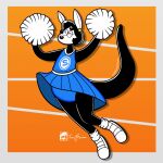 2019 anthro bickpixx black_body black_fur black_hair black_nose black_skin black_tail blue_clothing cheerleader cheerleader_outfit clothed clothing curled_hair digital_media_(artwork) eyes_closed female footwear fur hair hi_res inkblot kangaroo macropod mammal marsupial orange_background pom_poms round_nose shelley_(bickpixx) shoes short_hair signature simple_background solo tail thick_tail upskirt white_body white_clothing white_ears white_face white_footwear white_shoes white_skin