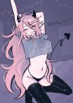  ass black_panties blush breasts demon_tail freckles highleg highleg_panties highres horns june_(megrocks) long_hair megrocks on_bed original panties pink_hair see-through see-through_shirt stomach stretching string_lights tail thighhighs thighs underwear yawning 