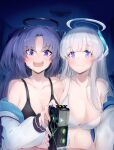  2girls black_bra blue_archive blush bra breasts collarbone commentary_request graphics_card grey_hair halo highres indoors jacket large_breasts long_hair long_sleeves looking_at_viewer mechanical_halo multiple_girls nakatokung navel noa_(blue_archive) open_clothes open_jacket open_mouth purple_eyes purple_hair two_side_up underwear white_bra white_jacket yuuka_(blue_archive) 