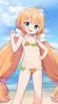  1girl beach bikini blue_eyes blush bow bow_bikini collarbone commentary_request commission feet_out_of_frame flat_chest flower_knight_girl frilled_bikini frills hand_on_own_hip hand_up highres long_hair looking_at_viewer macadamia_(flower_knight_girl) navel open_mouth orange_bikini orange_hair paid_reward_available plaid plaid_bikini skeb_commission solo swimsuit twintails variant_set very_long_hair yuuma_(skirthike) 