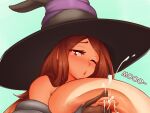  1girl aqua_background blush breast_expansion breasts brown_hair coffeeslice cropped dragon&#039;s_crown groping hat huge_breasts lactation long_hair nipple_stimulation nipple_tweak one_eye_closed open_mouth projectile_lactation red_eyes sorceress_(dragon&#039;s_crown) witch_hat 