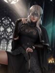  1girl absurdres armor blindfold blonde_hair breasts candle cape capelet cloak closed_mouth covered_eyes dark_souls_(series) dark_souls_iii dress eye_mask fire_keeper gloves highres jewelry lips long_hair mask medium_breasts n_firenze necklace smile solo upper_body 