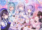  5girls animal_ears black_hair blue_hair brown_hair cake cake_slice closed_mouth copyright_notice doughnut food ghost_hair_ornament grey_hair hair_ornament hairclip highres ichinose_uruha jacket jewelry long_hair looking_at_viewer macaron multicolored_hair multiple_girls orange_eyes pink_hair purple_eyes purple_hair rabbit_ears sakura_shiori sample_watermark shinomiya_runa shiranami_ramune smile split-color_hair streaked_hair tachibana_hinano_(vtuber) tosaki_mimi twintails two-tone_hair virtual_youtuber vspo! watermark white_hair yellow_eyes 