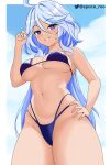  1girl ahoge bare_arms bare_shoulders bikini blue_bikini blue_eyes blue_hair blue_sky breasts cloud commentary cowboy_shot day furina_(genshin_impact) genshin_impact grin hand_up highres large_breasts long_hair looking_at_viewer navel no_headwear sky smile solo spaceroo standing stomach swimsuit thick_thighs thighs very_long_hair 