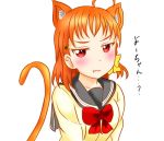  1girl animal_ears cat_ears cat_tail check_translation commentary_request eyes flushed hair_ribbon love_live! love_live!_sunshine!! orange_hair ribbon rinsei213 tail takami_chika translation_request white_background 