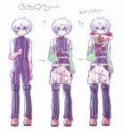  1boy bags_under_eyes bare_shoulders chiimako detached_sleeves fingerless_gloves full_body gloves gnosia grey_eyes grey_hair hair_between_eyes hood hoodie looking_at_viewer male_focus multiple_persona purple_eyes remnan_(gnosia) short_hair solo translation_request white_gloves 