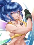  1girl absurdres bare_shoulders blue_eyes blue_hair breasts dog_tags earrings gloves highres jewelry leona_heidern muscular muscular_female navel nmkpsho ponytail sleeveless soldier solo tank_top the_king_of_fighters the_king_of_fighters_xv triangle_earrings twisted_torso yellow_tank_top 