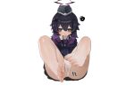  1girl bags_under_eyes barefoot black_hair blue_archive blush cum cum_on_body cum_on_feet dokomon footjob garrison_cap gradient_hair hair_between_eyes hair_ornament hairclip halo haruka_(blue_archive) hat highres long_hair long_sleeves multicolored_hair panties pov purple_eyes purple_hair purple_halo pussy_juice simple_background toenails toes underwear wet wet_clothes wet_panties white_background white_panties 