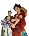  2boys black_hair green_hair hat highres holding holding_sword holding_weapon japanese_clothes katana kimono male_focus monkey_d._luffy mouth_hold multiple_boys multiple_scars multiple_swords muscular muscular_male one_piece open_clothes open_kimono qwwwwww48423 roronoa_zoro scar scar_on_chest scar_on_face short_hair stalk_in_mouth straw_hat sword weapon 