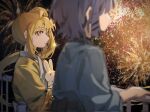  2girls ahoge blonde_hair blue_hair blue_kimono blurry blurry_foreground blush bocchi_the_rock! chinese_commentary closed_mouth commentary_request fireworks hair_ornament hairclip highres ijichi_nijika japanese_clothes kimono long_sleeves looking_at_another multiple_girls night orange_eyes outdoors railing short_hair side_ponytail stuffed_animal stuffed_rabbit stuffed_toy yamada_ryo yanlingjinshilihuahua yellow_kimono 
