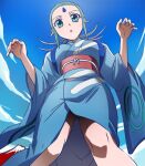  1girl ass_visible_through_thighs blue_eyes blue_hair blue_kimono breasts cloud facial_mark forehead_mark haruyama_kazunori japanese_clothes kimono looking_at_viewer ooedo_rocket open_mouth short_hair solo sora_(ooedo_rocket) 