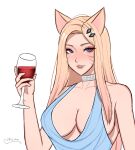  1girl absurdres ahri_(league_of_legends) alcohol animal_ears artist_name bare_shoulders blonde_hair blue_dress breasts cleavage collar collarbone commentary cup dress english_commentary fox_ears hair_ornament highres holding holding_cup k/da_(league_of_legends) k/da_ahri large_breasts league_of_legends long_hair looking_at_viewer shio_aw smile solo teeth upper_body wine 