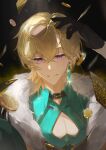  1boy aqua_shirt aventurine_(honkai:_star_rail) black_gloves blonde_hair closed_mouth clothing_cutout coin collared_shirt earrings eyewear_on_head fur_trim gloves hair_between_eyes highres honkai:_star_rail honkai_(series) jacket jewelry lianzi looking_at_viewer male_focus pectoral_cleavage pectorals purple_eyes shirt short_hair solo 