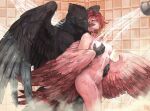 anthro avian bathing beak bird black_body black_feathers bleak_(raveger) breast_grab breasts choker corvid corvus_(genus) duo eyes_closed feathered_wings feathers female hair hand_on_breast hi_res intimate jewelry male male/female mitsuifox necklace oscine passerine pink_body pink_feathers raven red_hair rosefinch shower showering smile standing water wet winged_arms wings