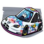  1girl absurdres blue_eyes blue_gloves blue_hair car chibi dodge_(company) dodge_charger driving duz elbow_gloves english_commentary gloves goodsmile_racing goodyear hatsune_miku highres itasha long_hair motor_vehicle nascar open_mouth race_vehicle racecar racing_miku racing_miku_(2021) solo v-shaped_eyebrows vehicle_focus vocaloid white_background 