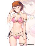  1girl armpit_crease artist_name ass_visible_through_thighs beads bikini blush bracelet breasts brown_eyes brown_hair closed_mouth collarbone commentary commission cowboy_shot english_commentary etchimune eyelashes hand_up heart jewelry large_breasts looking_at_viewer medium_hair navel persona persona_3 pink_bikini pink_lips side-tie_bikini_bottom smile solo standing swept_bangs swimsuit takeba_yukari thighs twitter_username white_background zoom_layer 