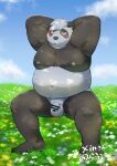 2024 absurd_res anthro balls bear belly big_belly black_nose blush bodily_fluids censored cloud detailed_background flaccid flower genitals giant_panda hi_res kemono male mammal maron2475 moobs navel nipples outside overweight overweight_male penis plant solo sweat white_body