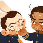  2boys animal_ears biting biting_another&#039;s_hand blood blue_jacket bright_pupils brown_eyes brown_hair carrot chengongzi123 closed_mouth constricted_pupils deformed facial_hair goatee_stubble golden_kamuy hand_up highres holding holding_carrot jacket kemonomimi_mode long_sleeves looking_at_another male_focus military_uniform multiple_boys orange_eyes rabbit_ears raised_eyebrows rikimatsu_ariko scar scar_on_face short_hair simple_background stubble sweat thick_eyebrows trembling uniform upper_body usami_tokishige veins very_short_hair white_background 