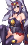  1girl absurdres aged_up breasts choker cleavage demon_girl desco_(disgaea) disgaea extra_eyes highres horns large_breasts looking_at_viewer makai_senki_disgaea_4 monster_girl open_mouth pointy_ears purple_choker purple_hair purple_tail red_eyes sheita short_hair simple_background smile solo 