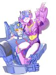  1boy 1girl armor blue_eyes blush carrying coolmuyanv helmet highres humanoid_robot nautica_(transformers) open_mouth robot robot_girl shoulder_armor simple_background skids_(transformers) smile the_transformers_(idw) transformers white_background yellow_eyes 