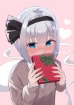  1girl black_hairband blue_eyes blunt_bangs blush bob_cut bow_hairband box cardigan collared_shirt commentary_request covering_own_mouth from_above full-face_blush gift gift_box green_eyes grey_hair hairband hands_up heart highres holding holding_box holding_gift konpaku_youmu konpaku_youmu_(ghost) long_sleeves looking_at_viewer multicolored_eyes pink_background rital shirt short_hair simple_background solo touhou twitter_username upper_body valentine white_shirt 