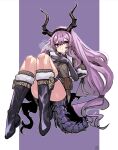  1girl arknights black_gloves boots cup dragon_girl dragon_horns dragon_tail elbow_gloves fur-trimmed_boots fur_trim gloves holding holding_cup horns long_hair looking_at_viewer purple_hair shima_(wideshi_ma) solo tail thigh_strap thighs typhon_(arknights) typhon_(northern_pathfinder)_(arknights) 