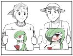  1girl 2boys baseball_cap blush bob_cut breasts colored_skin commentary_request diz_(diznaoto) drawing_(object) gardevoir green_hair hair_over_one_eye hat heavy_breathing highres holding_drawing large_breasts multicolored_skin multiple_boys pink_eyes pokemon pokemon_(creature) shirt simple_background sketch smile sweatdrop two-tone_skin white_background white_skin 