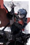 1boy arknights armor armpits black_cape black_shirt blue_eyes blue_hair cape chinese_commentary closed_mouth commentary_request cowboy_shot earrings floating_cape glint highres jewelry liu_bei_ku_cha looking_at_viewer male_focus outstretched_arm outstretched_hand pointy_ears red_cape shirt short_hair sideways_glance sleeveless sleeveless_shirt solo standing two-sided_cape two-sided_fabric watermark weibo_logo zuo_le_(arknights) 