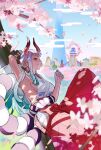  1girl aqua_hair arm_behind_head armpits blurry blurry_foreground breasts curled_horns dango falling_petals food gradient_hair hair_ornament hair_stick hakama hakama_pants highres holding holding_food horns japanese_clothes kimono letta_illust long_hair mitarashi_dango multicolored_hair one_piece orange_eyes pants petals red_hakama red_horns rope shimenawa sideboob sidelocks sitting sleeveless sleeveless_kimono smile wagashi white_hair white_kimono yamato_(one_piece) 