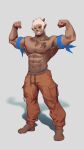 armpit_hair beard body_hair bottomwear bovid caprine clothing facial_hair fei_yangyang flexing hi_res horn humanoid male mammal muscular muscular_male pants pleasant_goat_and_big_big_wolf shadow sheep simple_background smile