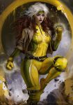  1girl absurdres belt bleeding_sun bodysuit dyed_bangs gloves green_bodysuit green_headband headband highres jacket leather leather_jacket lipstick loose_belt makeup marvel multicolored_bodysuit multicolored_clothes multicolored_hair rogue_(x-men) superhero_costume two-tone_hair x-men yellow_bodysuit yellow_gloves 