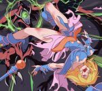  1girl blonde_hair blood blood_from_mouth blue_dress blue_footwear breasts capelet closed_eyes colored_skin commentary_request commission dark_background dark_magician_girl dragon dress extra_mouth futa_yuri_ryona hat injury large_breasts long_hair osiris_the_sky_dragon panties pink_capelet powering_up red_skin skeb_commission torn_clothes underwear unworn_hat unworn_headwear white_panties witch witch_hat yu-gi-oh! 