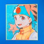  1boy blue_background blue_headband brown_eyes brown_hair close-up guutara headband highres lan_hikari_(mega_man) looking_at_viewer mega_man_(series) mega_man_battle_network_(series) orange_vest photo_(medium) shikishi shirt short_hair signature smile solo star_(symbol) teeth thank_you upper_teeth_only vest white_shirt 